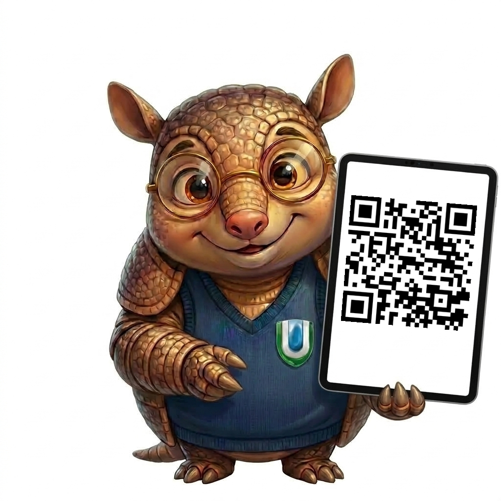 UVi, el asistente de UNCAUS Virtual sosteniendo una tablet con el código QR